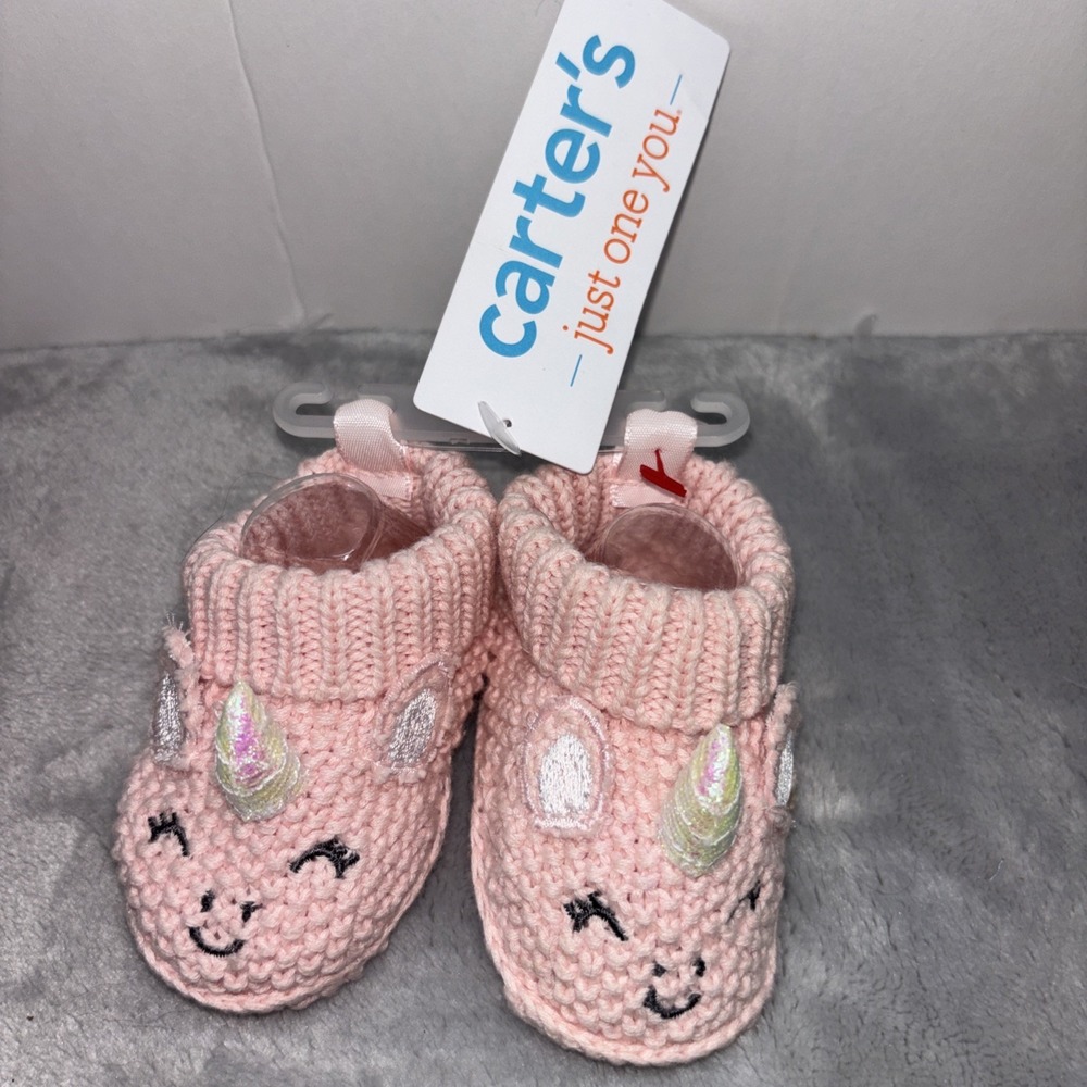 Carter's Baby Girls' Newborn Pink Unicorn Knit  Cotton Booties